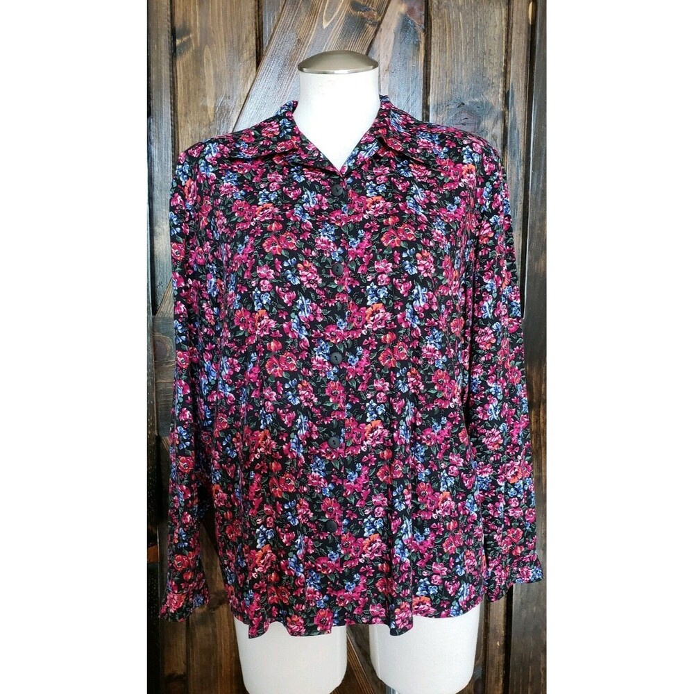 Express Compagnie Int Floral Rayon Pink Blue Button Top Vintage 80s 90s X Small